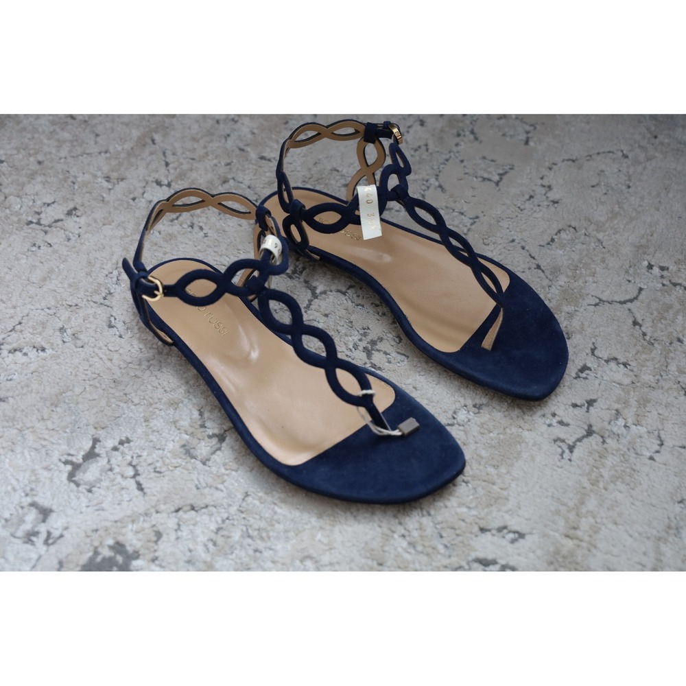 Sergio Rossi Navy Suede Braided Ankle Strap Flat Sandals Size 35.5